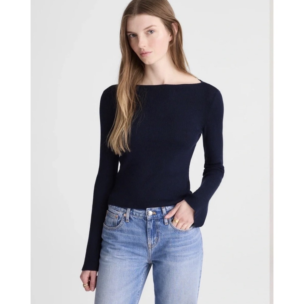 Madewell Flared Sleeve Boatneck Sweater in Merino Wool Silk Blend Navy Sz M NWT
